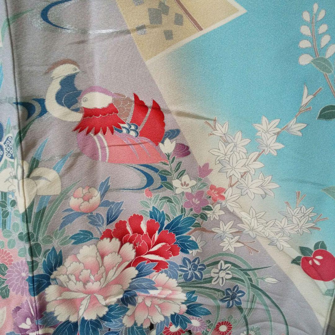 小さめ！【和装】レディース(女性用)お着物 ピンクと水色の花柄振袖