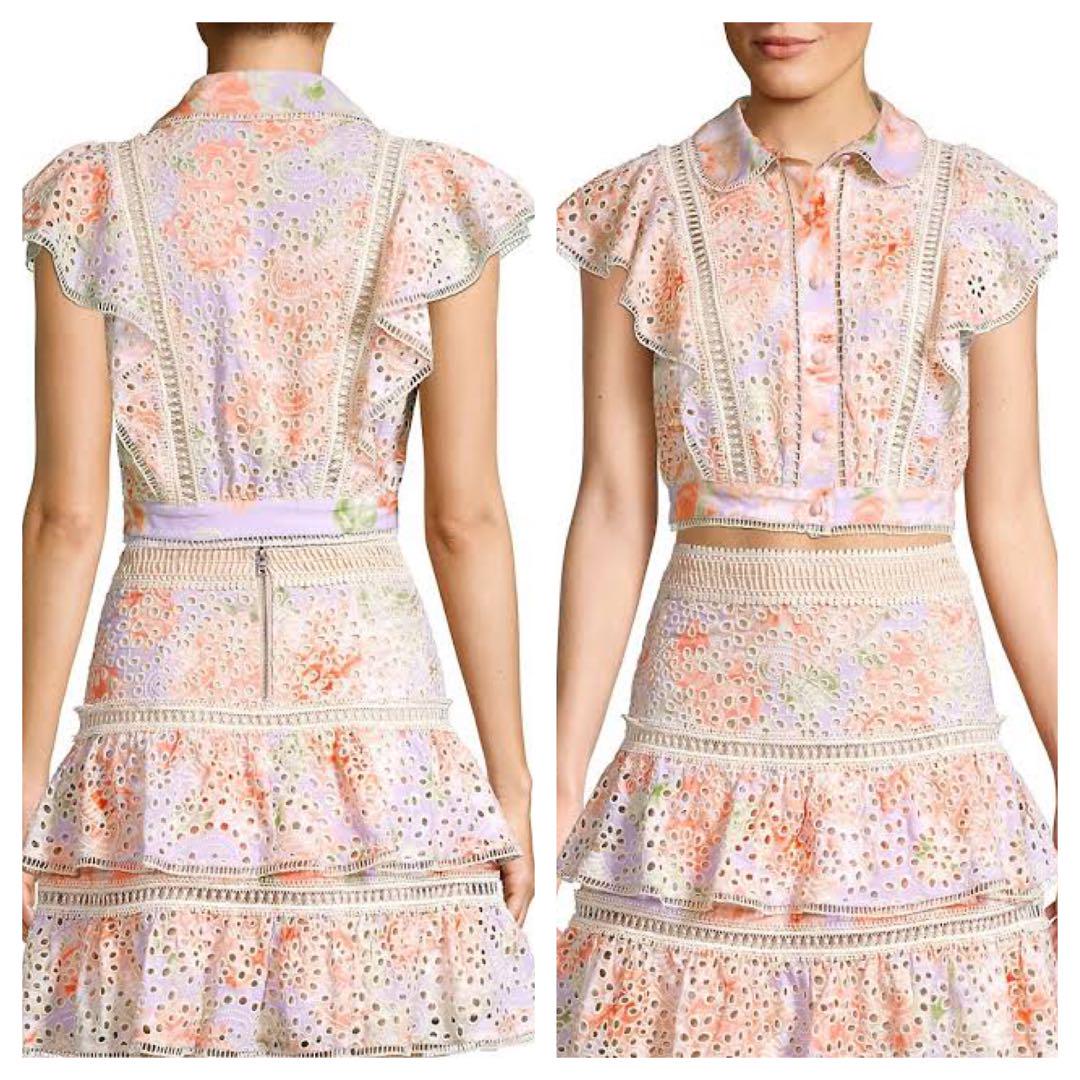 通販 送料無料  新品alice+olivia アイレット刺繍レース ブラウス スカート セット シャツ+ブラウス(半袖+袖なし)