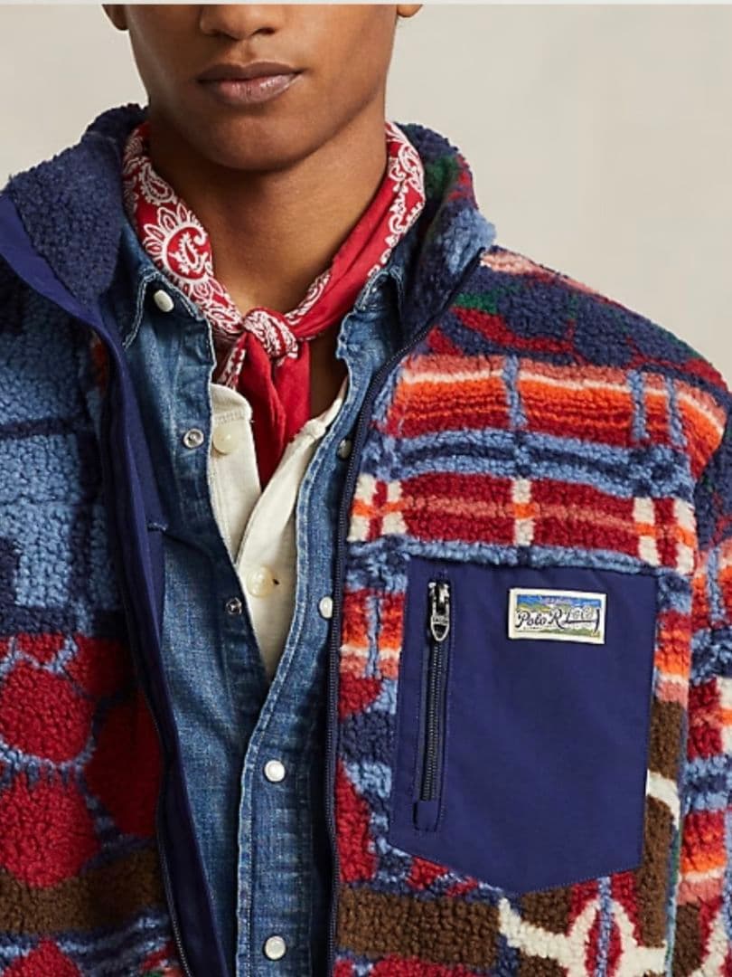 【美品】ポロカントリー パッチワーク プリント パイル フリース ジャケット L 【美品】ポロカントリー パッチワーク プリント パイル フリース ジャケット L