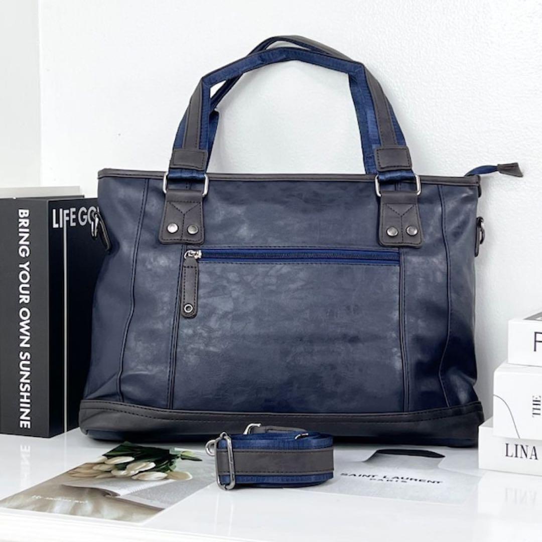 新品 ビジネスバッグ トートバッグ ショルダー PUレザー メンズ ネイビー