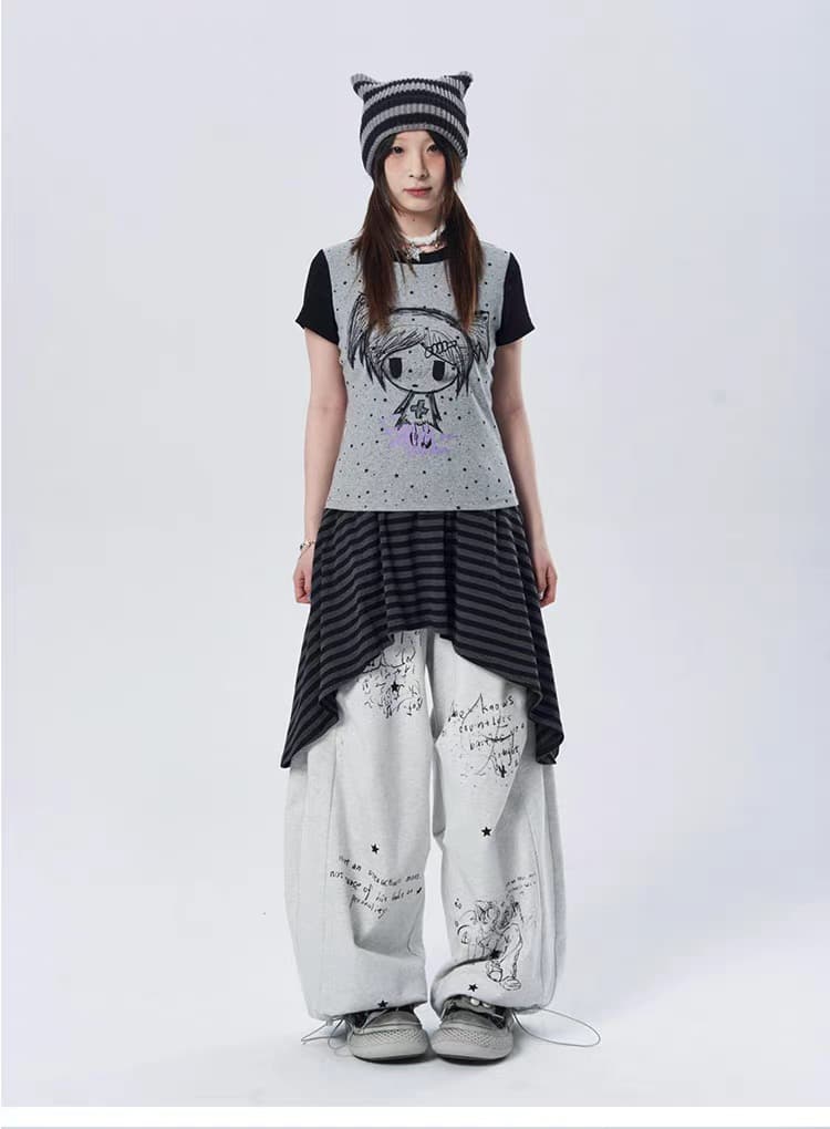 About girl アニメ風イラスト付きカジュアルパンツ About girl アニメ風イラスト付きカジュアルパンツ