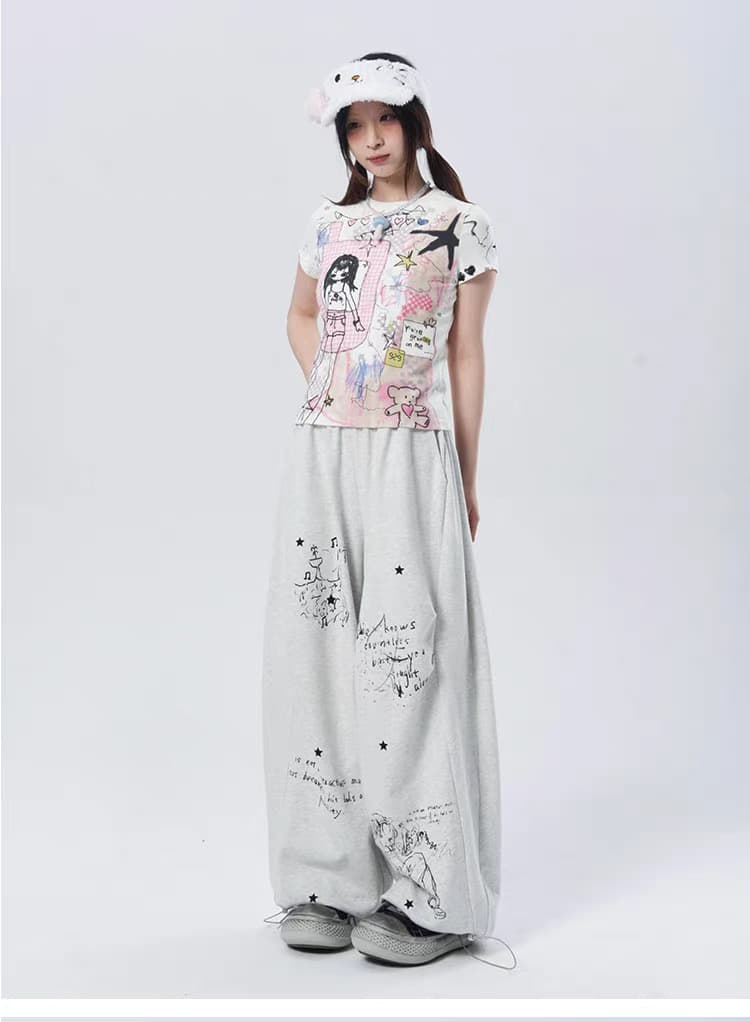 About girl アニメ風イラスト付きカジュアルパンツ About girl アニメ風イラスト付きカジュアルパンツ