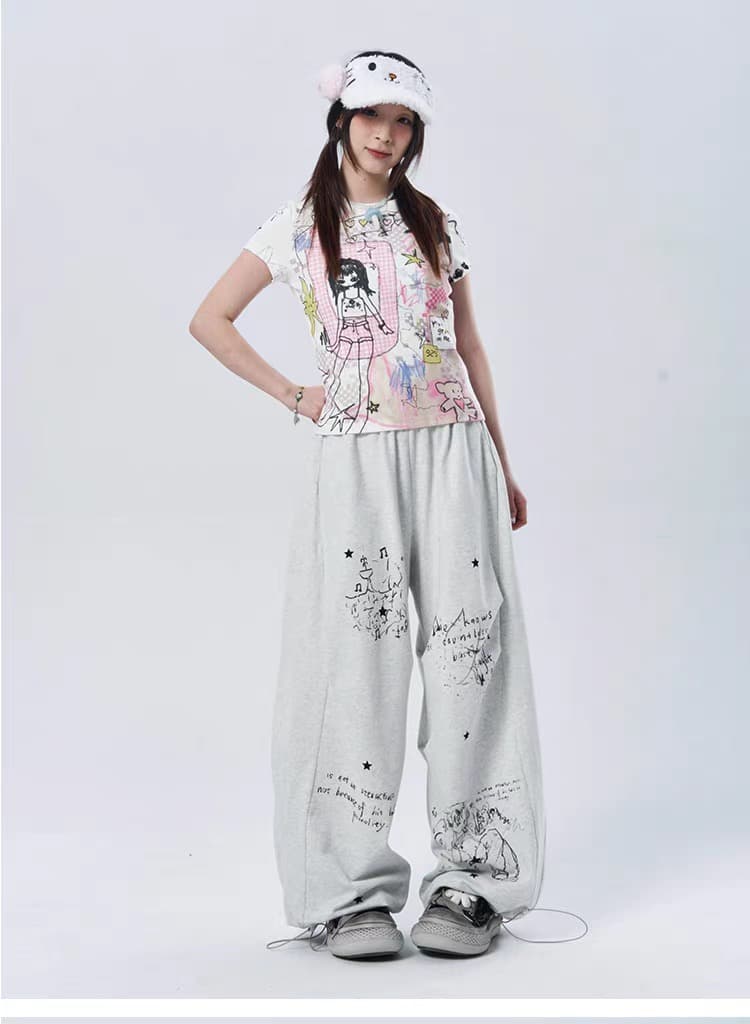 About girl アニメ風イラスト付きカジュアルパンツ About girl アニメ風イラスト付きカジュアルパンツ