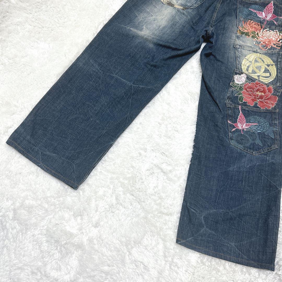 絡繰魂 5連ポケット サイズ110 デニム 刺繍 和柄 花柄 蝶 大きいサイズ