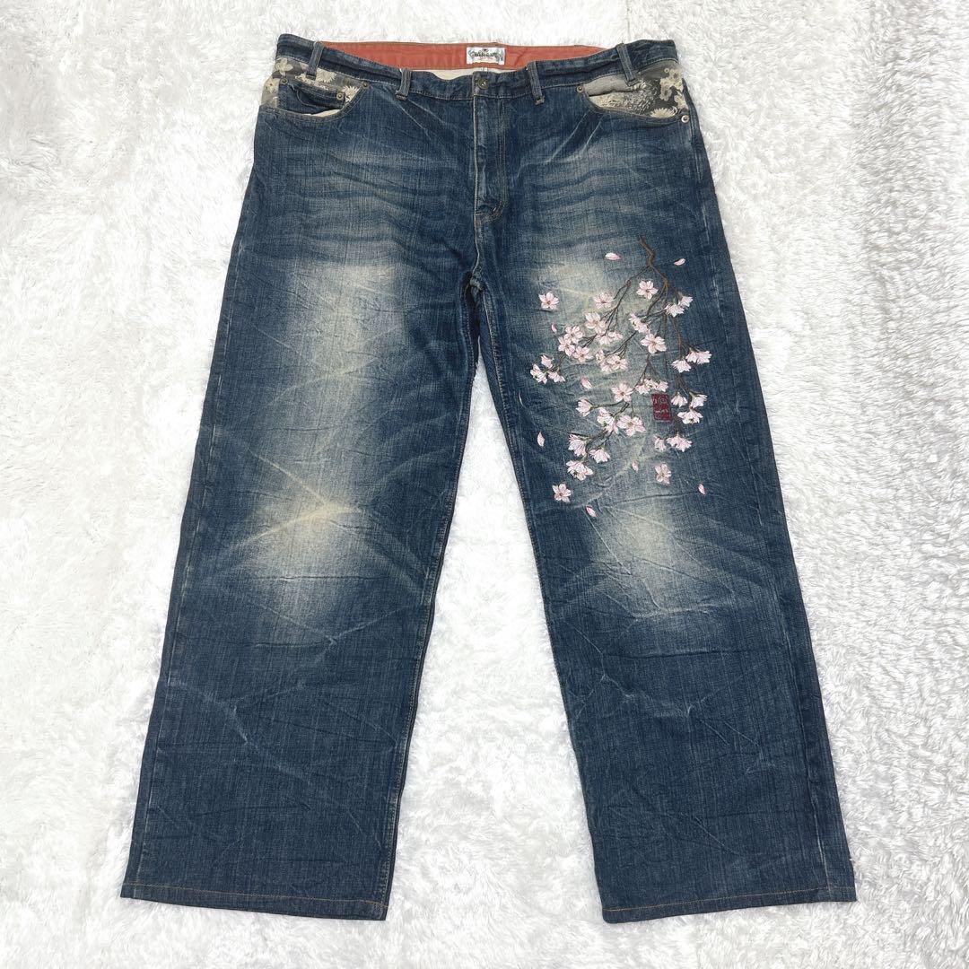 絡繰魂 5連ポケット サイズ110 デニム 刺繍 和柄 花柄 蝶 大きいサイズ