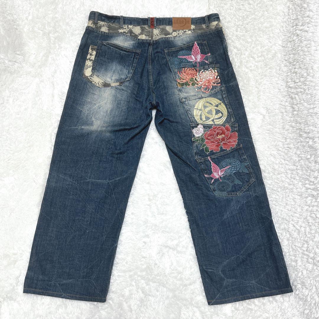 絡繰魂 5連ポケット サイズ110 デニム 刺繍 和柄 花柄 蝶 大きいサイズ