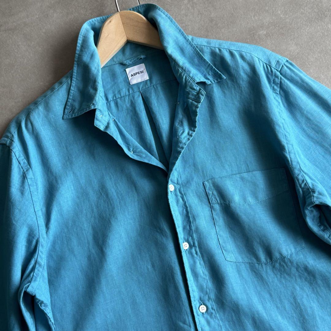 極美品 ASPESI アスペジ 麻100% リネンシャツ 長袖 ブルー 42 極美品 ASPESI アスペジ 麻100% リネンシャツ 長袖 ブルー 42