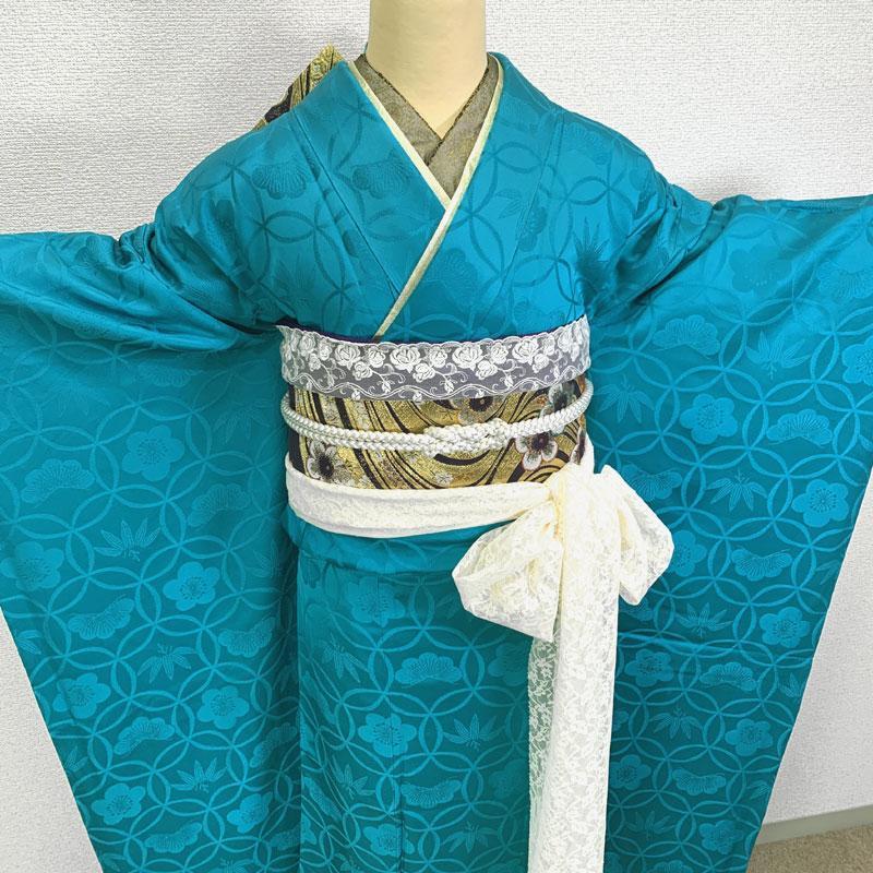 502z13〇青 三松取扱い 花がぁる 色無地振袖 松竹梅〇美品 成人