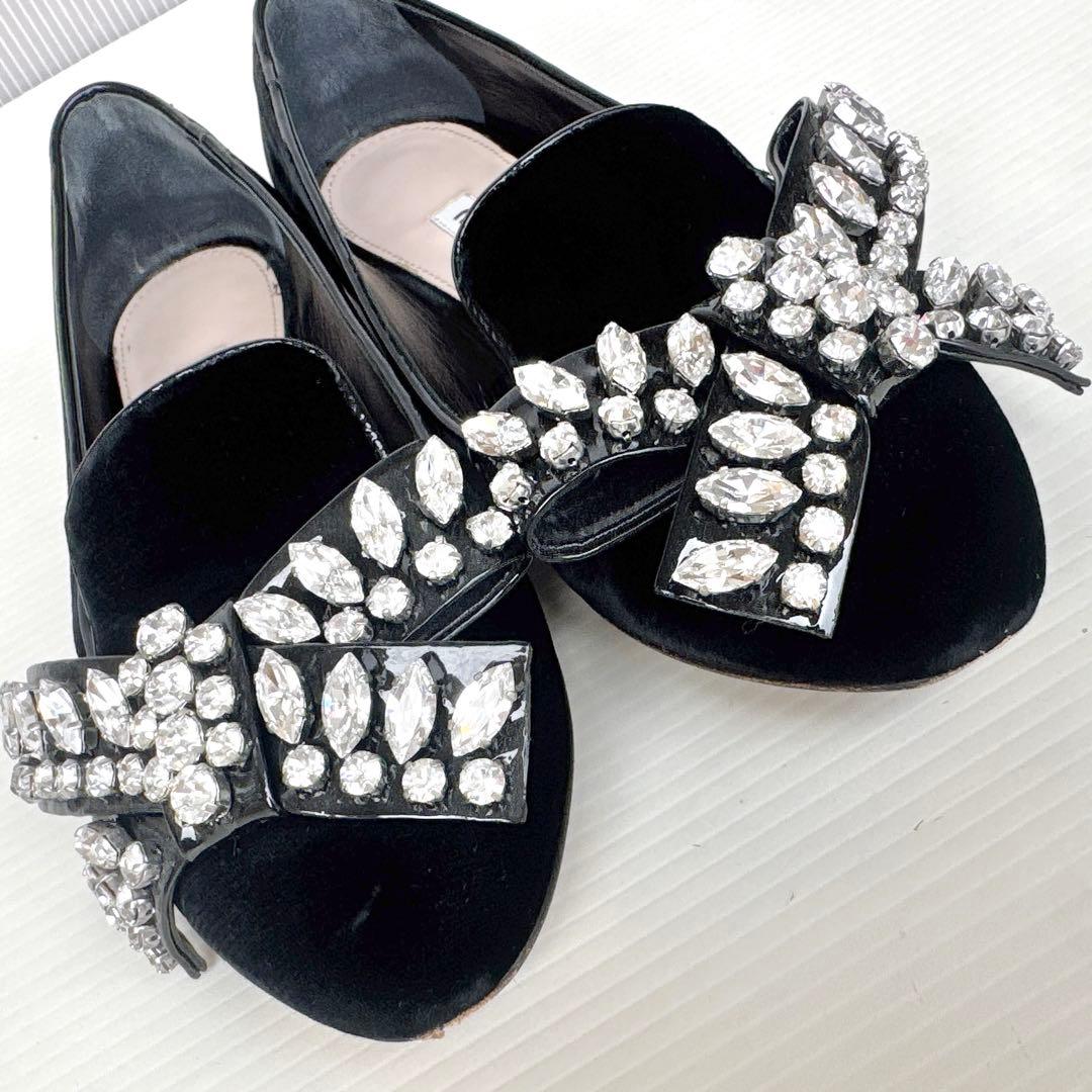 MIUMIU ミュウミュウ　ビジューリボン　フラットシューズ　モカシン　パンプス