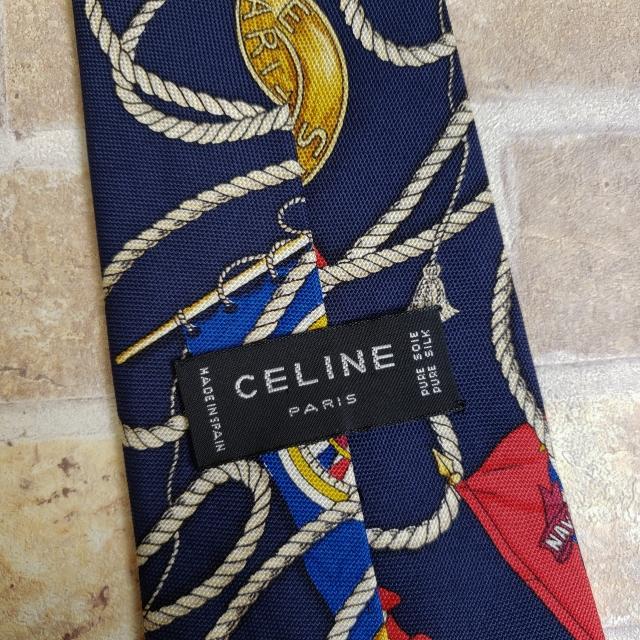 セリーヌ CELINE ☆ ヴィンテージ 総柄 シルク ネクタイ ネイビー