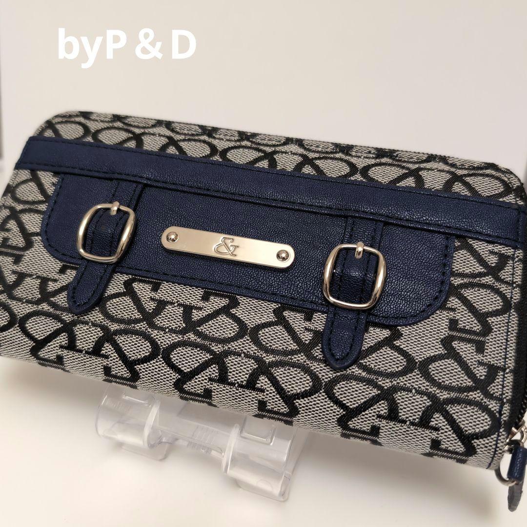 by P＆D モノグラム 長財布 ロゴプリント グレー/ネイビー