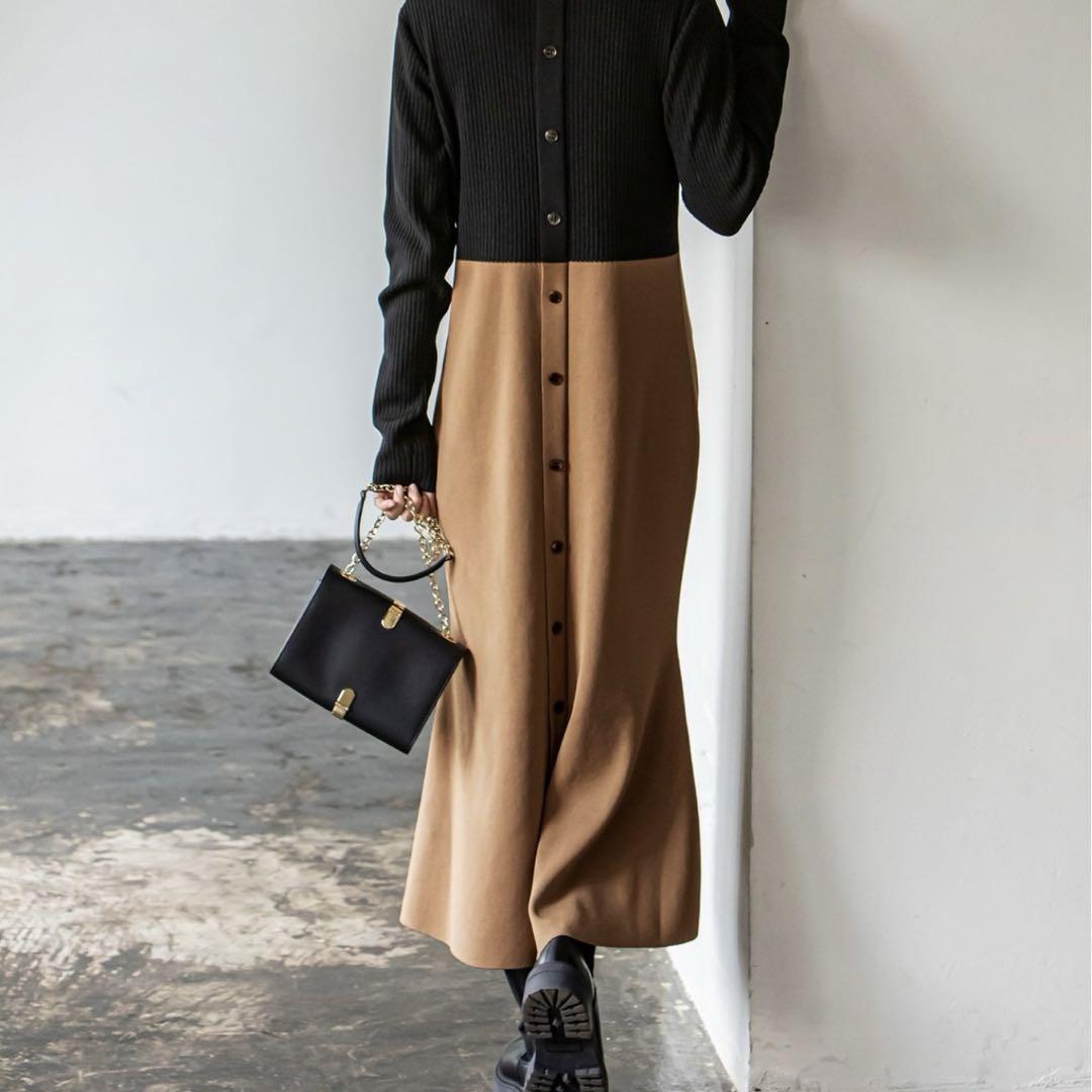 ★美品★ノーブル カラーブロックニットワンピース　バイカラー FREESIZE