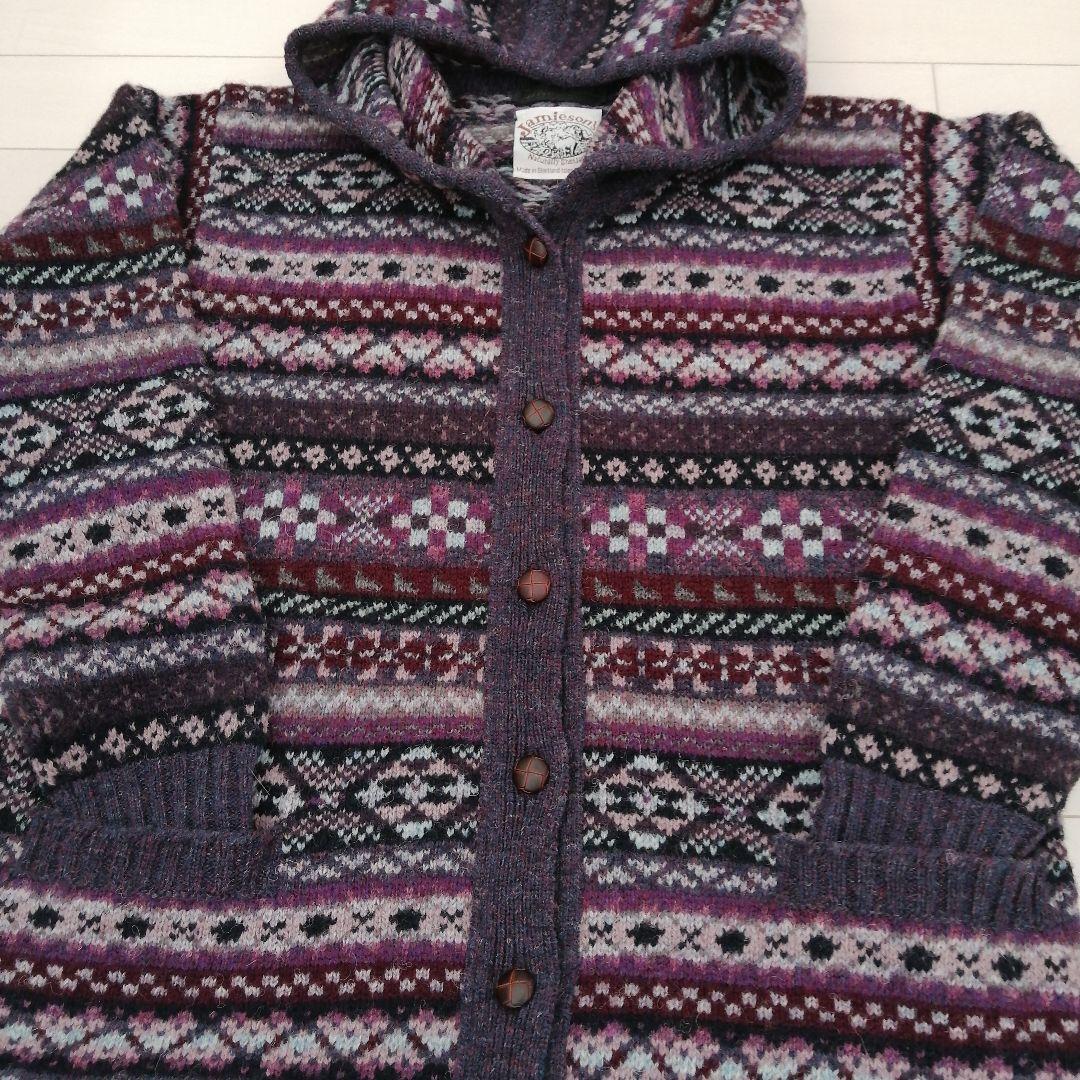 【美品】 JAMIESON\'S フード付フェアアイルニット ロングカーディガン
