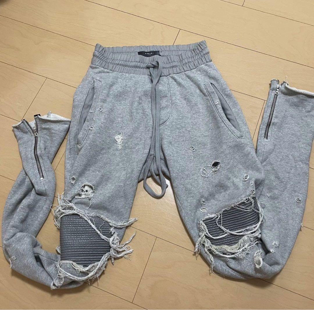 AMIRI アミリ MX1 蛇腹クラッシュバイカースウェットパンツ グレー