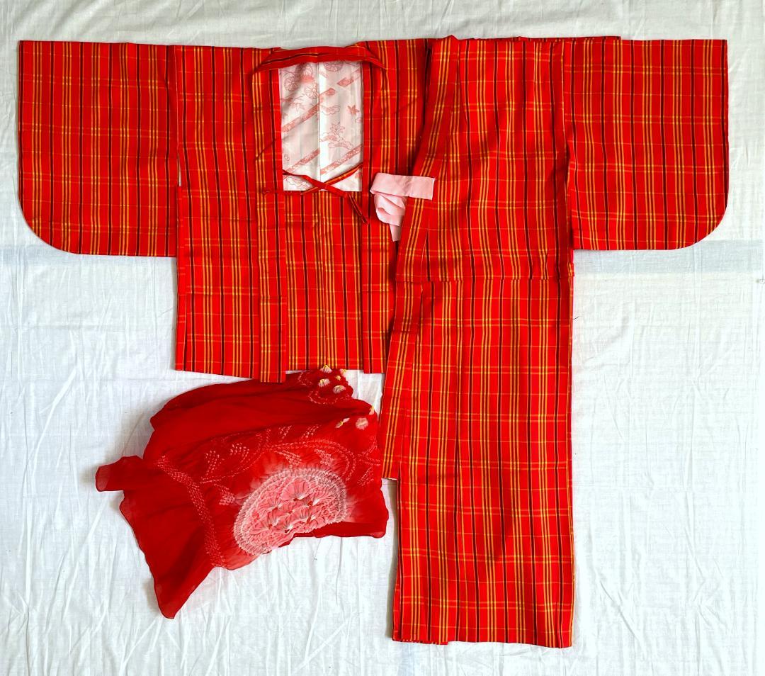 女の子　ウールアンサンブル　兵児帯セット　赤×黒×黄　格子