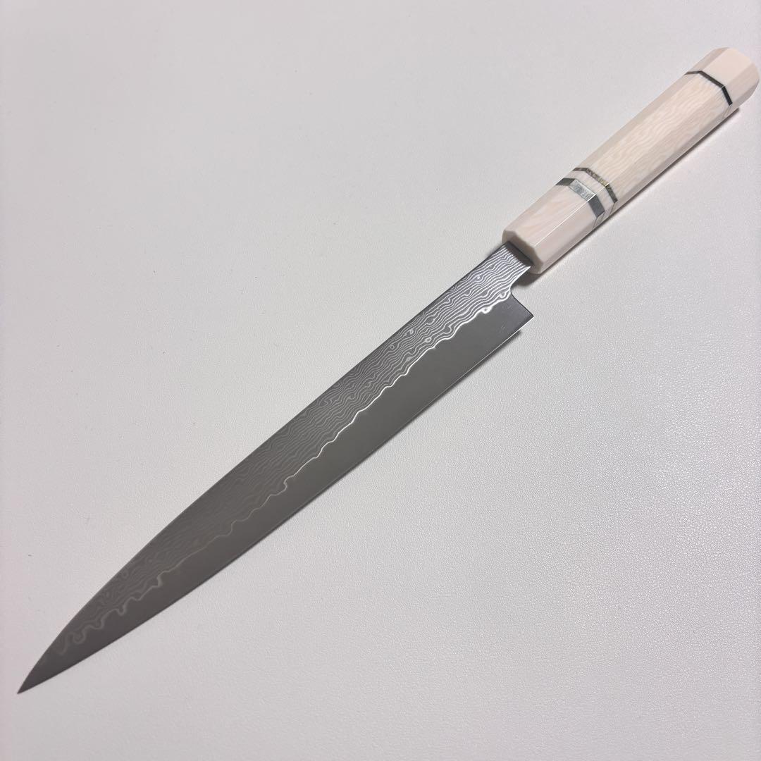 240mm 墨流しダマスカス 柳刃包丁アイボリーカラー・八角柄 刺身包丁/鞘あり