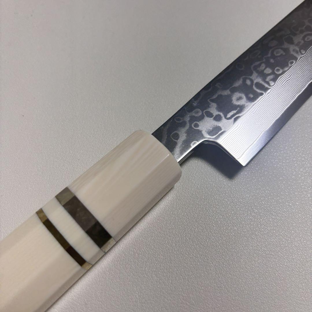 240mm 墨流しダマスカス 柳刃包丁アイボリーカラー・八角柄 刺身包丁/鞘あり