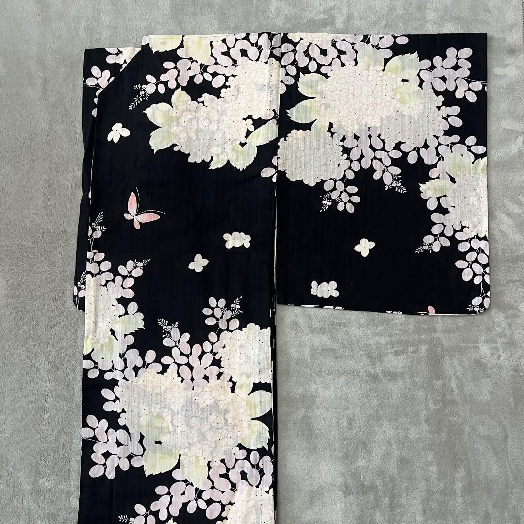 《中古》ツモリチサト 浴衣 黒地 紫陽花 洗える着物 木綿着物