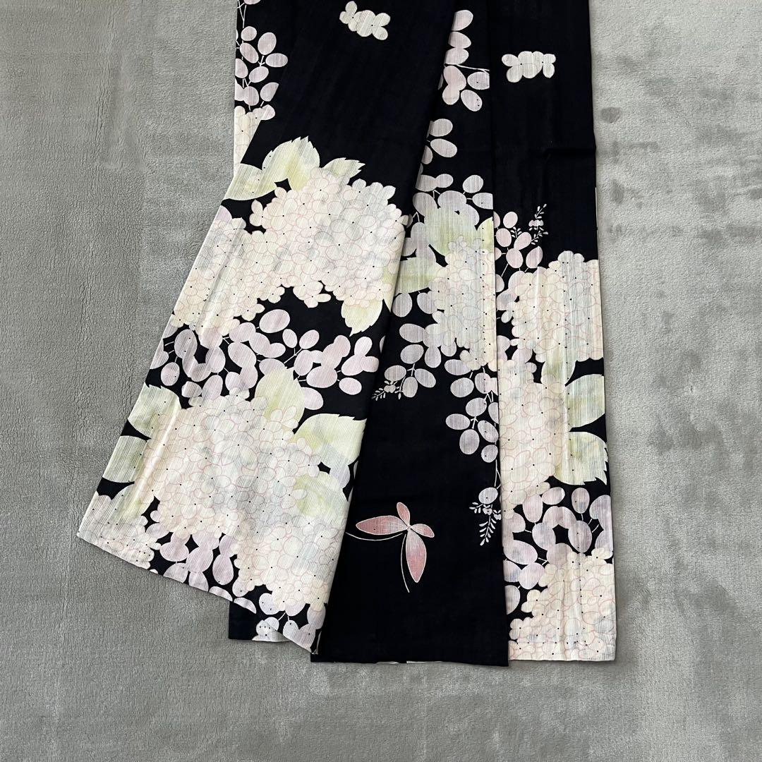 《中古》ツモリチサト 浴衣 黒地 紫陽花 洗える着物 木綿着物