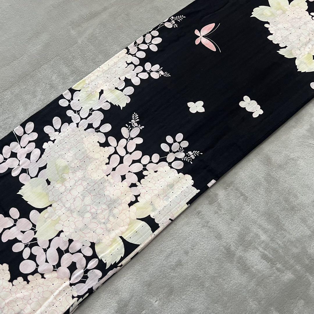 《中古》ツモリチサト 浴衣 黒地 紫陽花 洗える着物 木綿着物