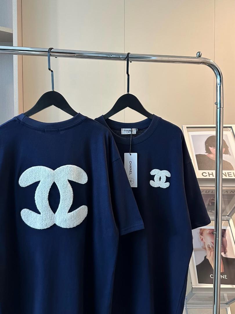 L Tシャツ タオル刺繍ダークブルー半袖T レディース