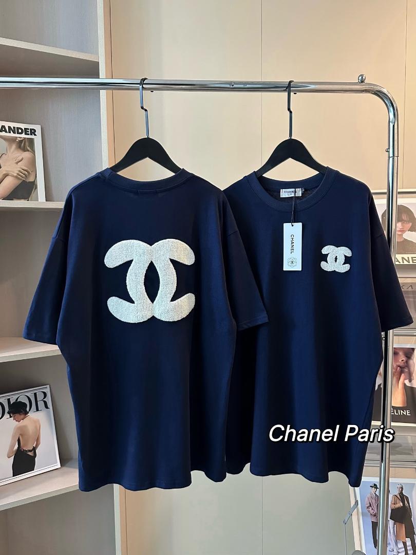 L Tシャツ タオル刺繍ダークブルー半袖T レディース