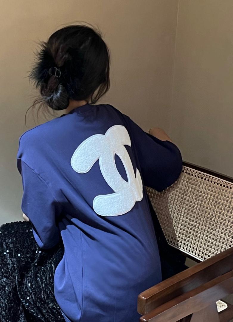 L Tシャツ タオル刺繍ダークブルー半袖T レディース