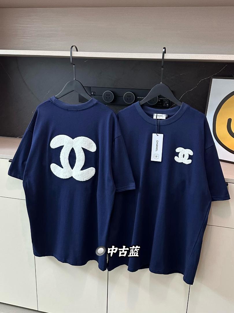 L Tシャツ タオル刺繍ダークブルー半袖T レディース