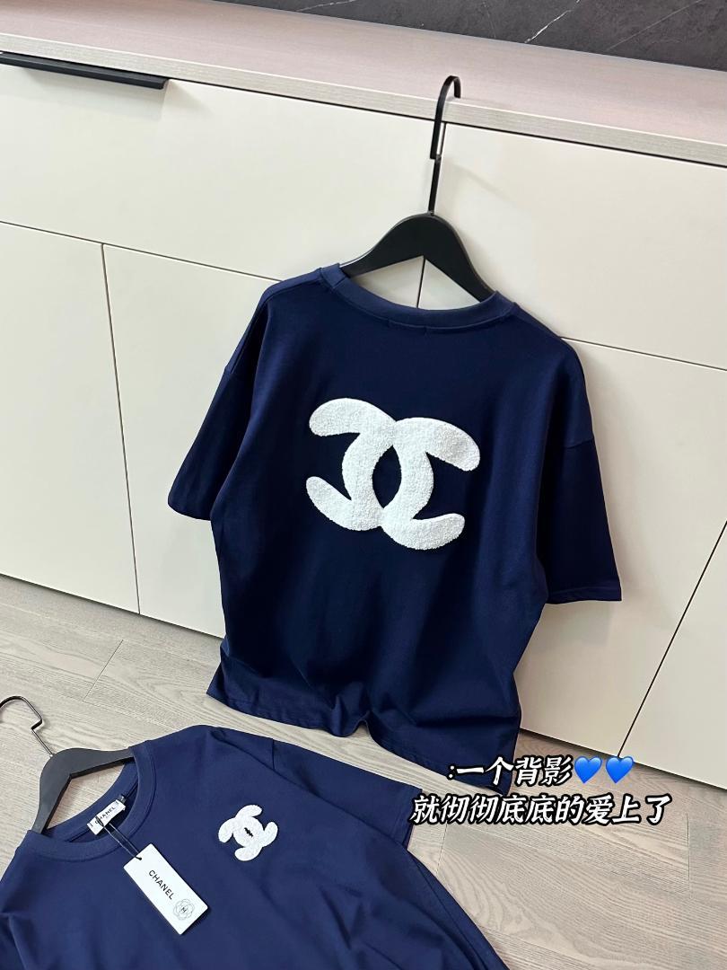 L Tシャツ タオル刺繍ダークブルー半袖T レディース