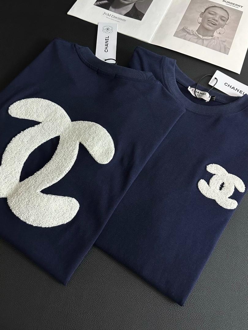 L Tシャツ タオル刺繍ダークブルー半袖T レディース