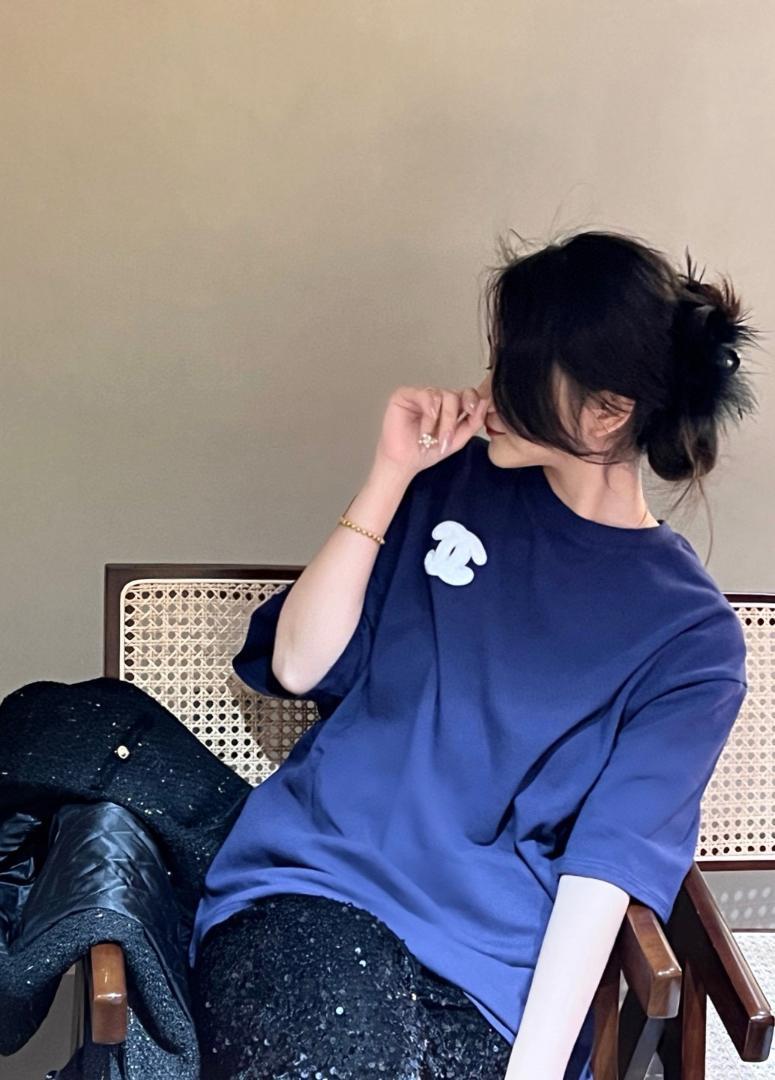 L Tシャツ タオル刺繍ダークブルー半袖T レディース