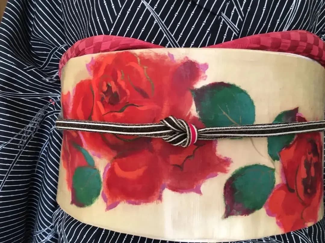 Antique Kimono繻子名古屋帯 手描き薔薇の花 絵画的 着物羽織セット