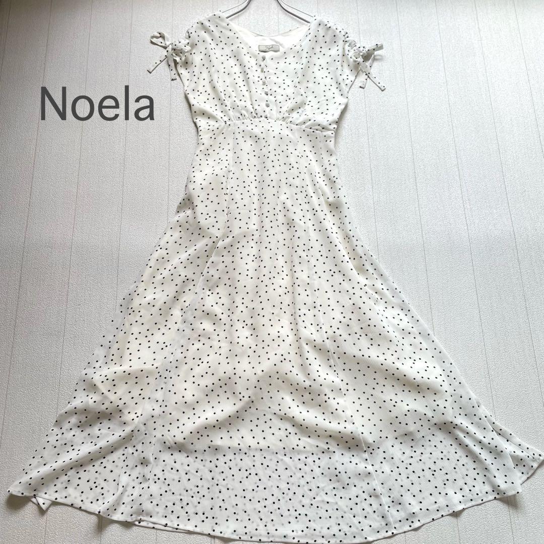 Noela ドロストリボンワンピース　ドット柄　ホワイト　S