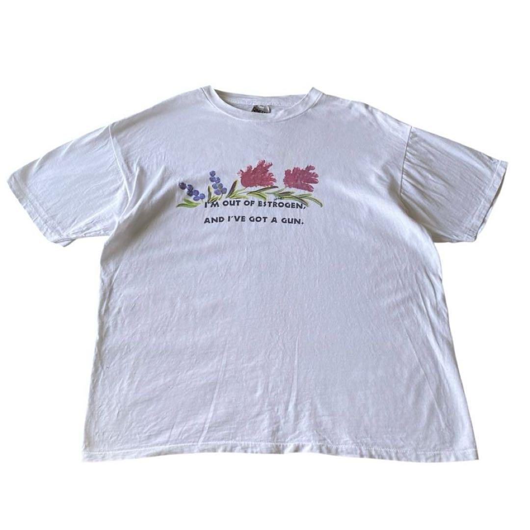 90s フラワー ジョーク テキストプリントtシャツ オニータ XL