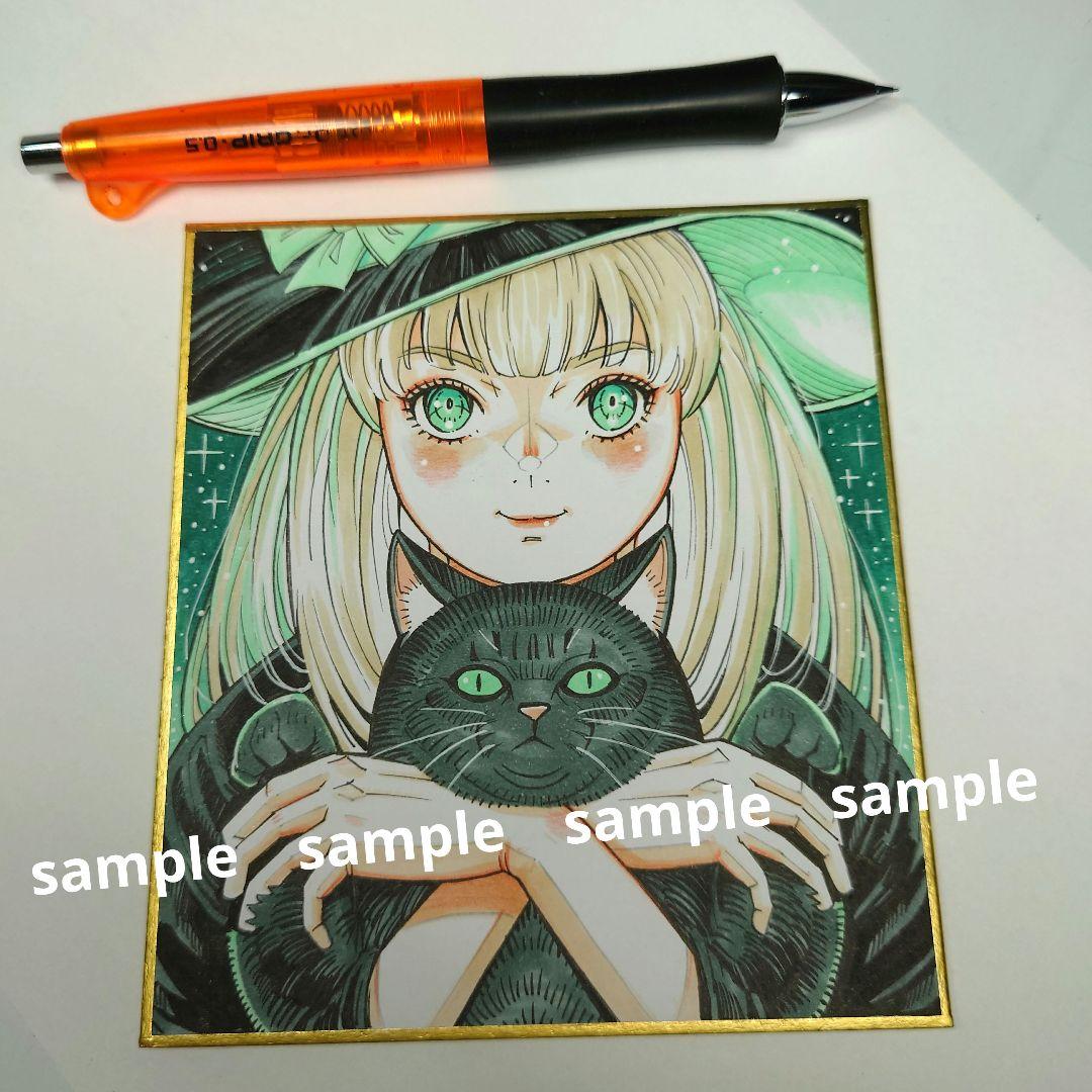 手描きイラスト 142】オリジナル原画 色紙 黒猫「魔女と黒猫の
