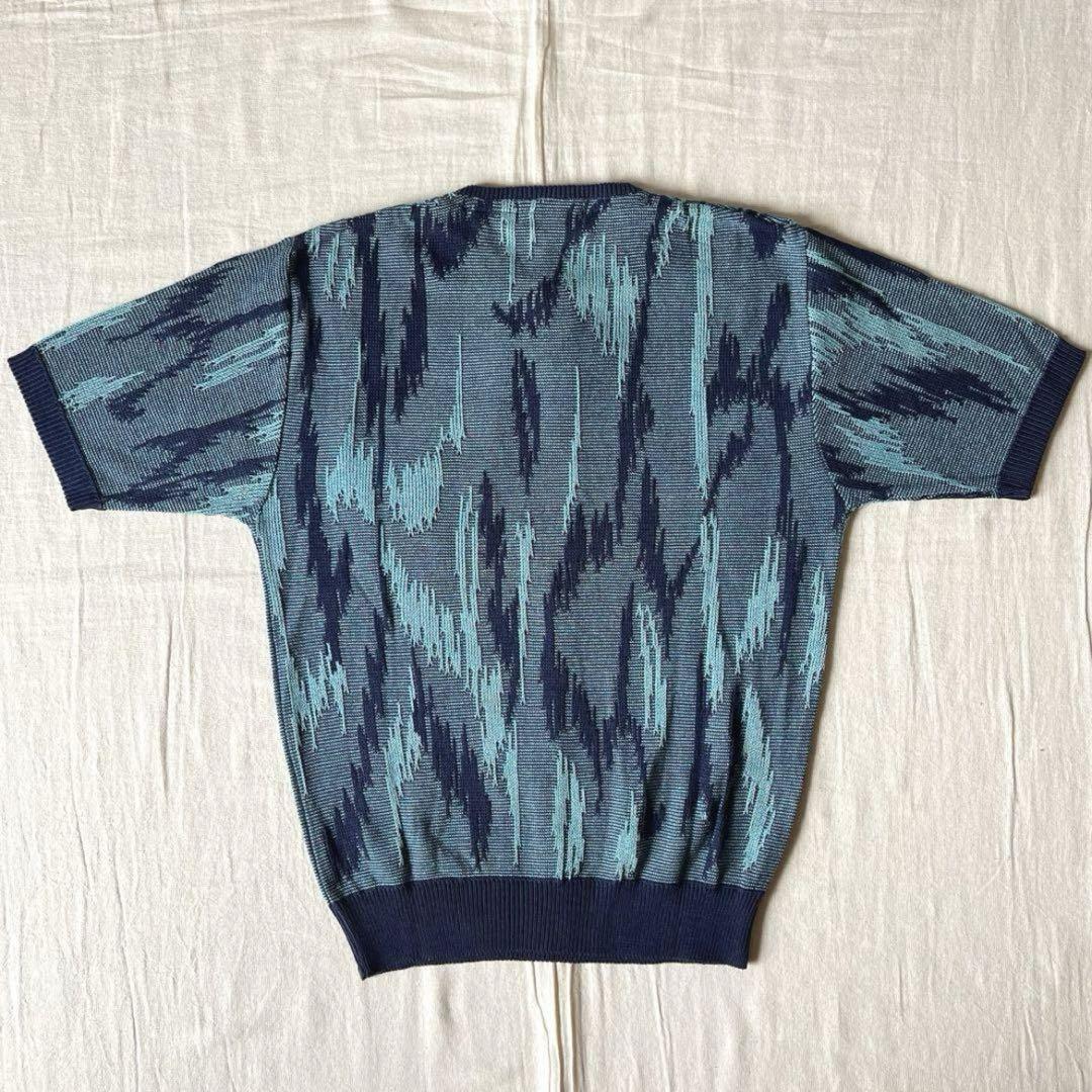 90s　vintage　ヘンリーネック　総柄メッシュニット　モザイク柄　多色編み