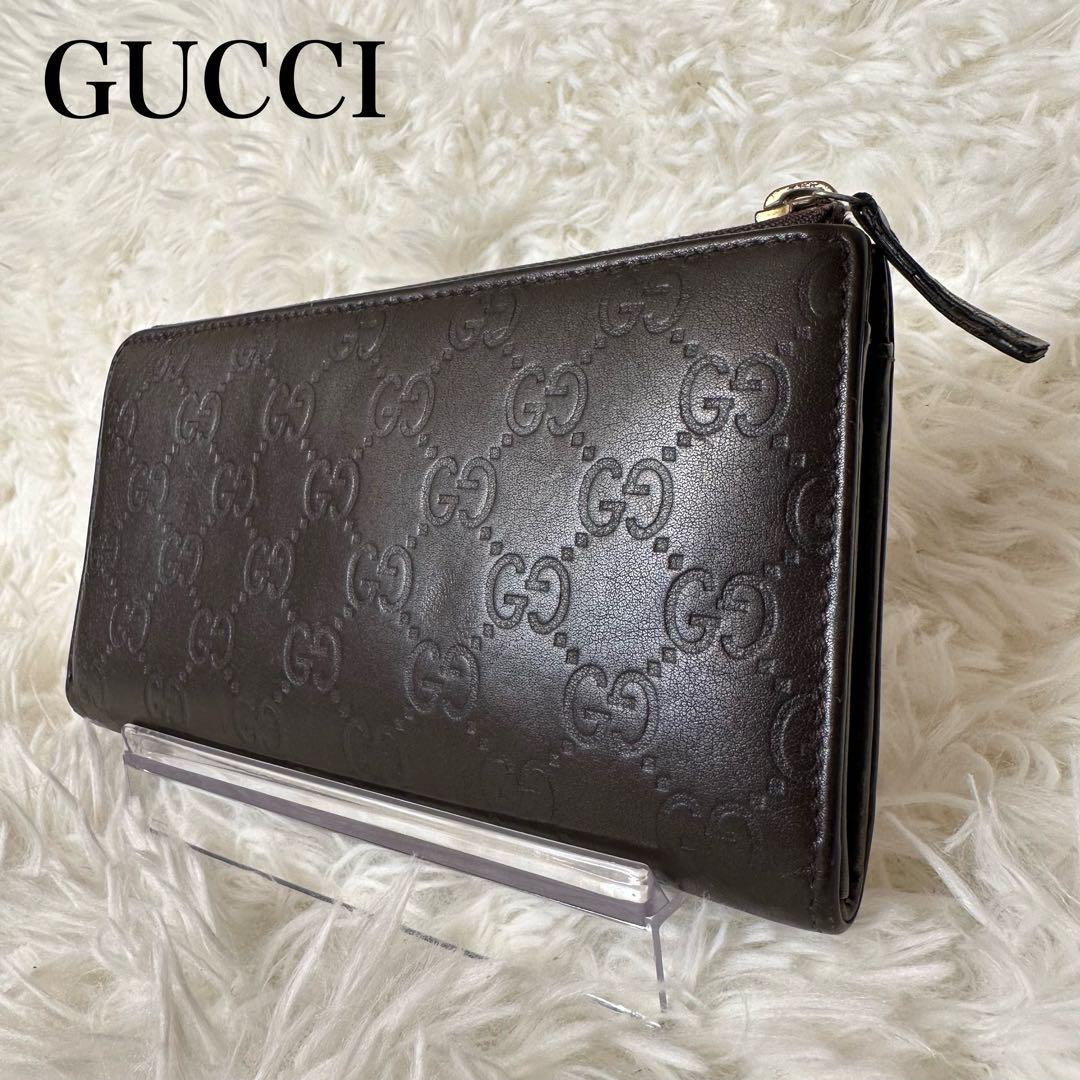 ✨️美品✨️ GUCCI シマ 長財布 L字ファスナー レザー ブラウン 型押し