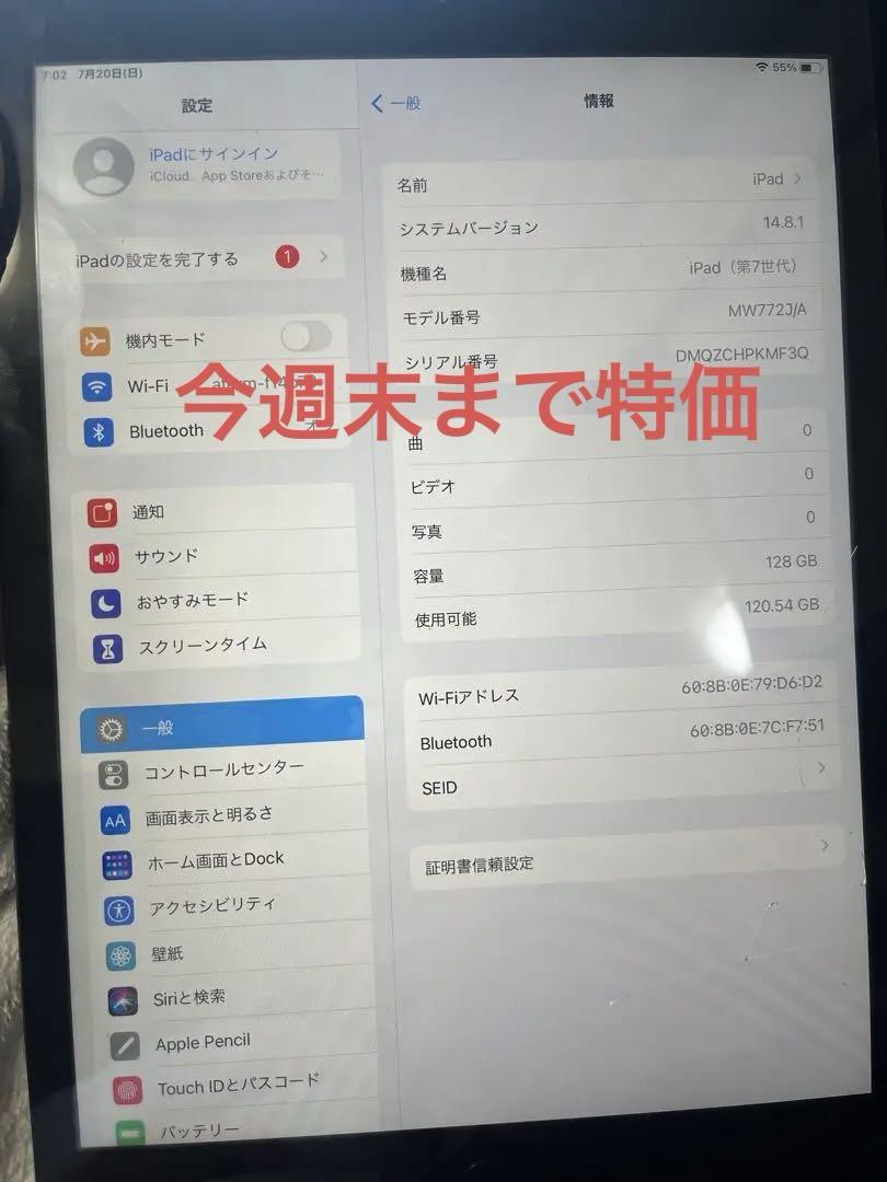 Apple iPad 第7世代 128GB 動作確認済み ジャンク扱い