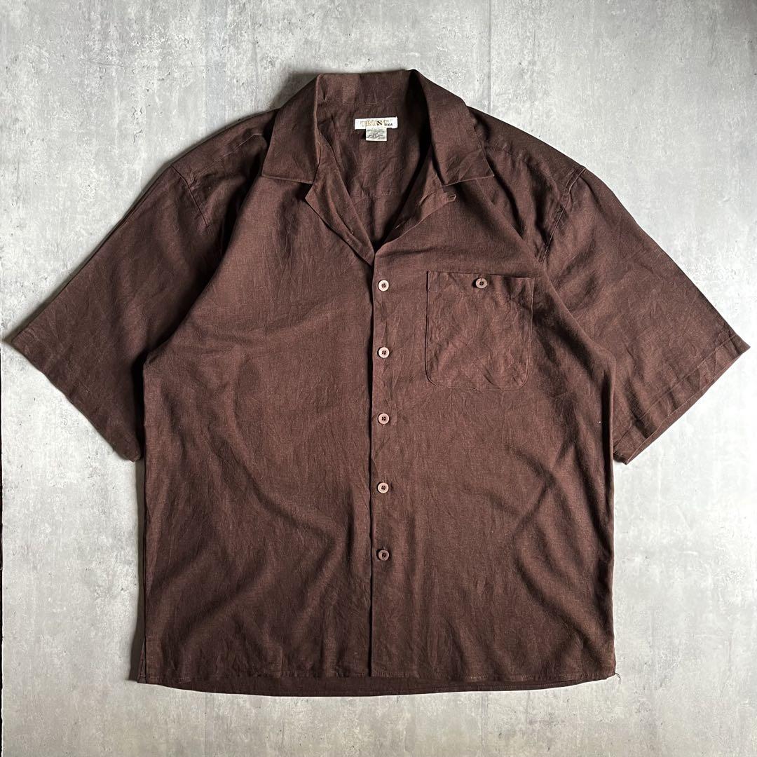 【90s vintage】リネン×レーヨン　半袖シャツ　開襟シャツ　ビッグサイズ