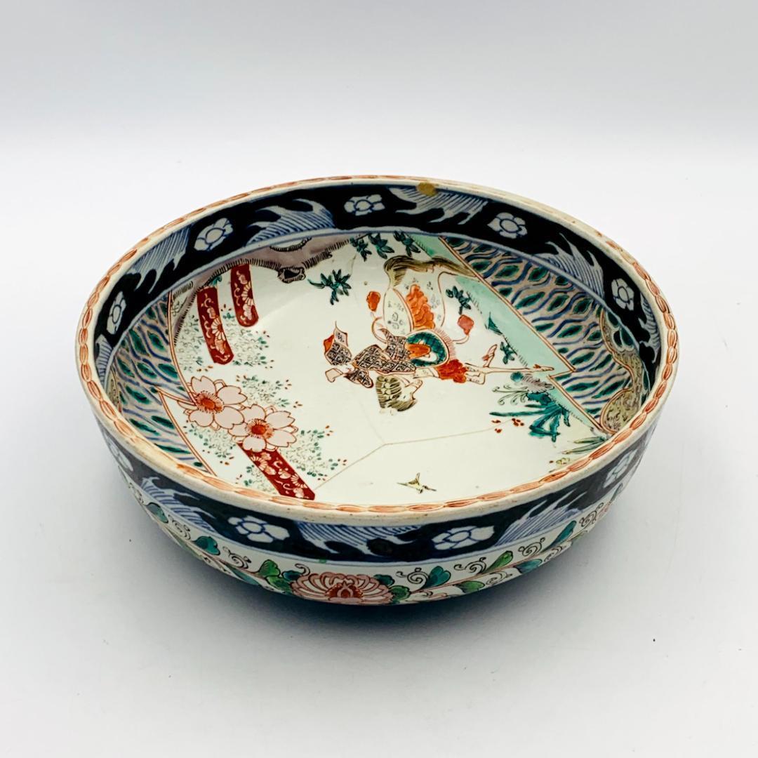骨董品　二重高台　飾り大鉢 数量限定価格!! 菊鳥大鉢 色絵 伊万里 二重高台 生活骨董と古布