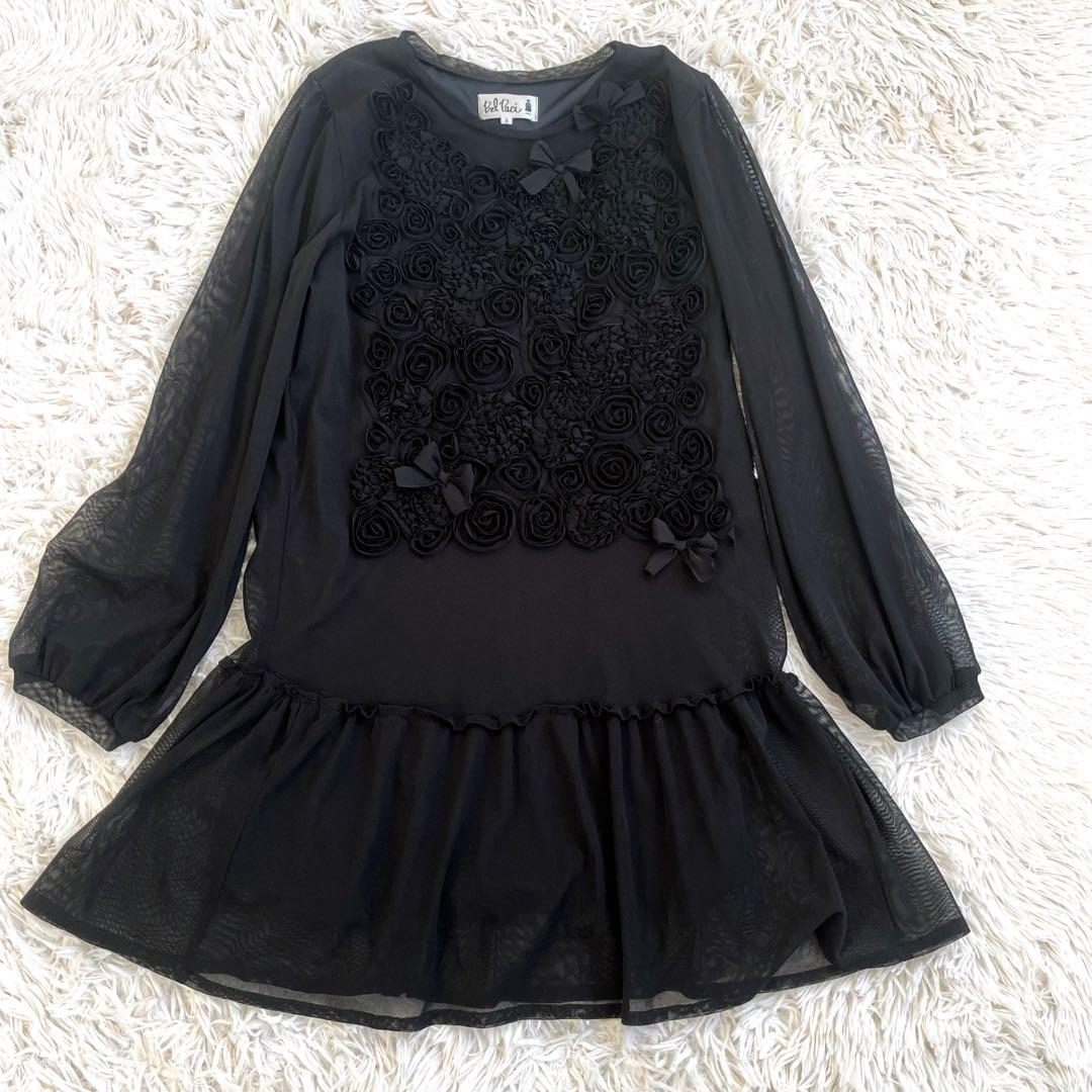 ベルパーチ 立体お花 リボン パワーネット チュニック ブラック L