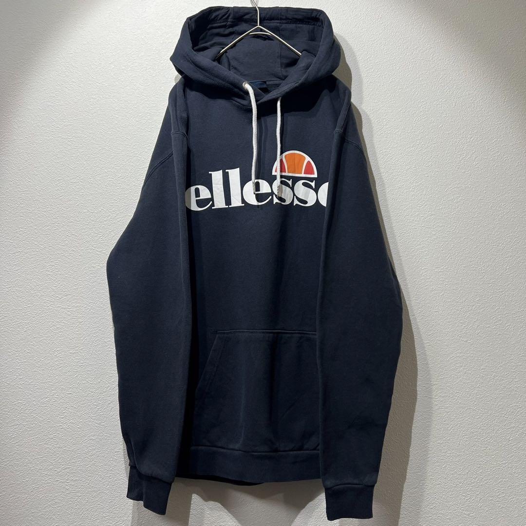 【希少】90s ellesse プリントパーカー 胸ロゴ ネイビー 紺 S