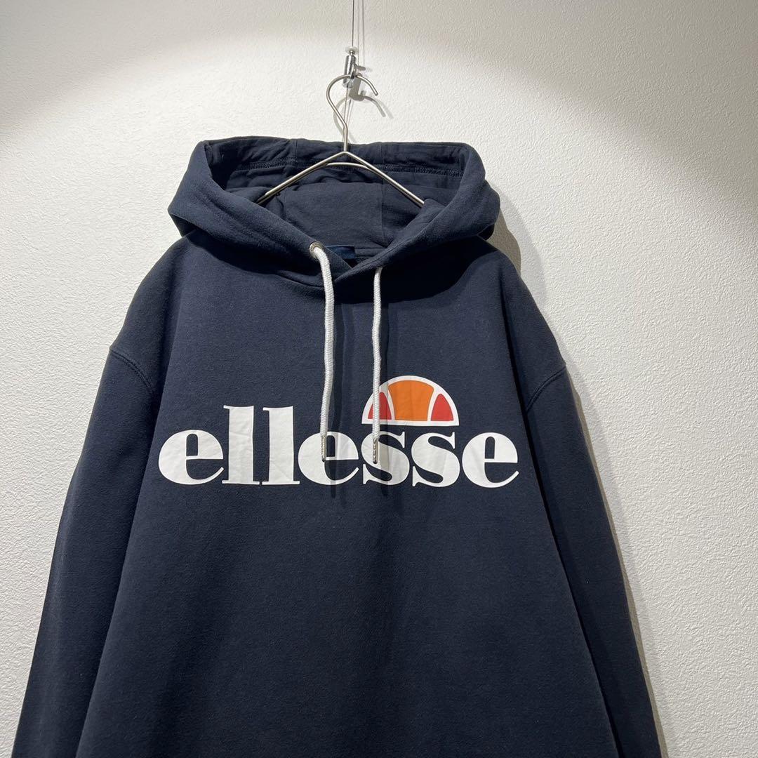 【希少】90s ellesse プリントパーカー 胸ロゴ ネイビー 紺 S