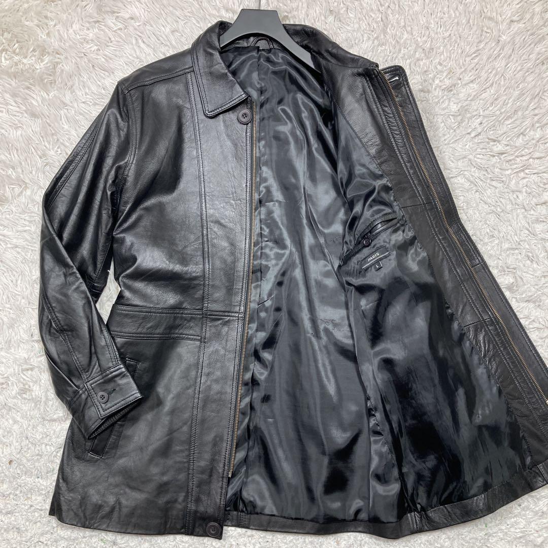 極美品 パリス レザーコート ロング丈 シープスキン フルジップ 黒 Lサイズ