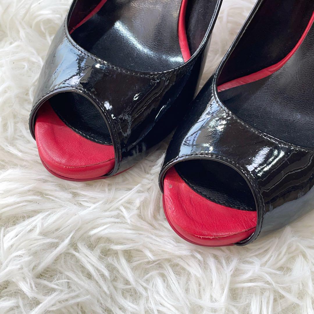 美品】DIANA レッドソール オープントゥエナメルパンプス 黒