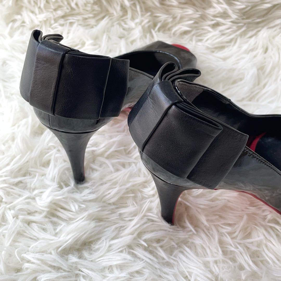 【美品】DIANA　レッドソール　オープントゥエナメルパンプス　黒　23.0UL