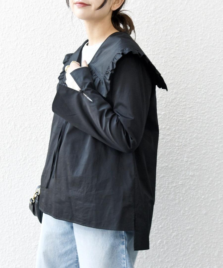 極美品✨定価１.１万❤️　黒　洗える　コットン サテン フリル カラー ブラウス