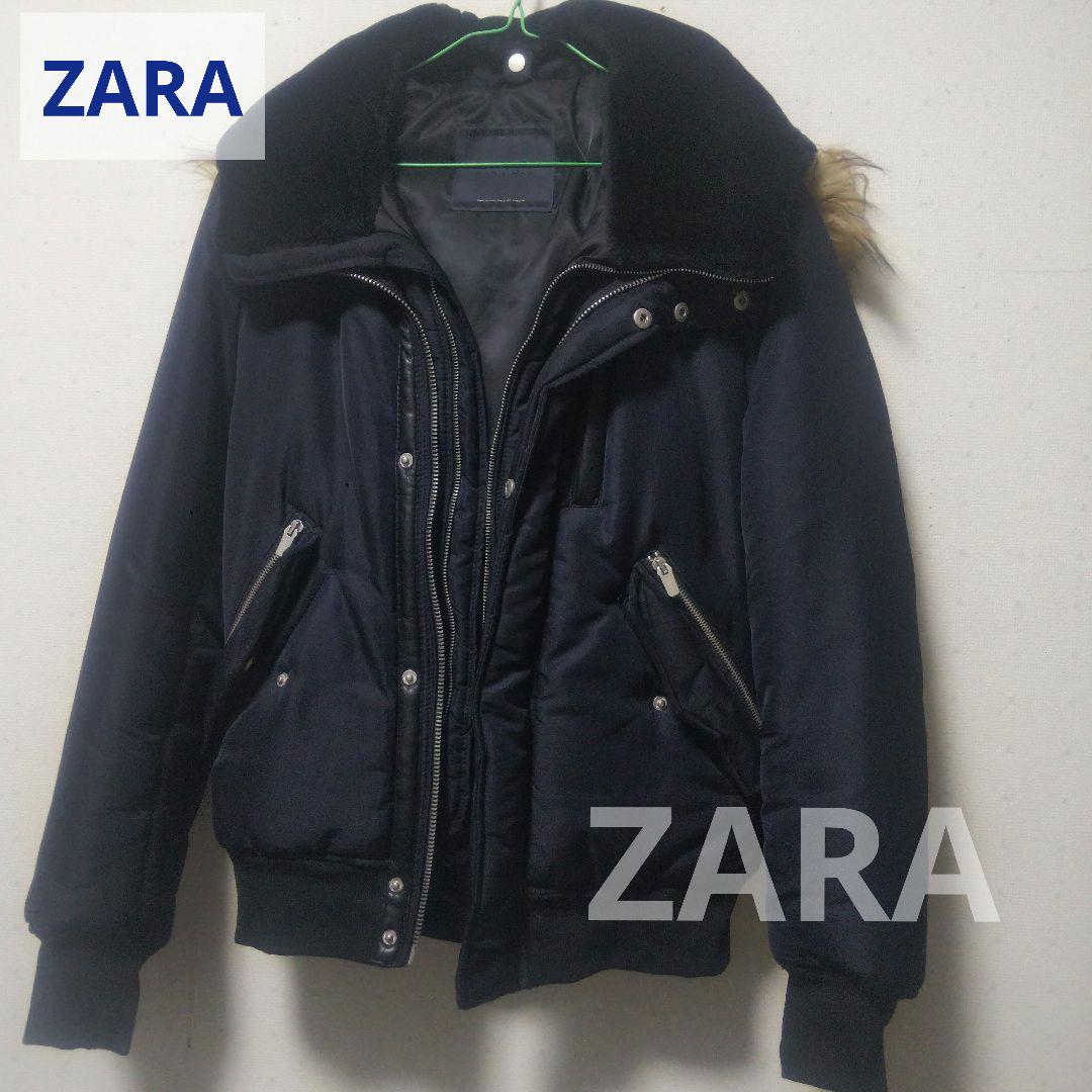 ZARA ダブルジップ ファー フード ダウンジャケット ネイビー 美品S ザラ