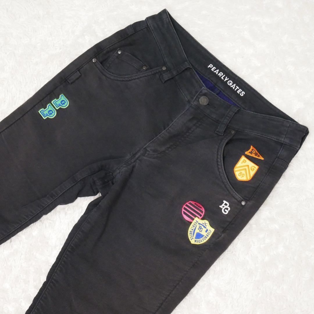 美品 パーリーゲイツ ワッペン パンツ 黒 レディース 00 ゴルフパンツ