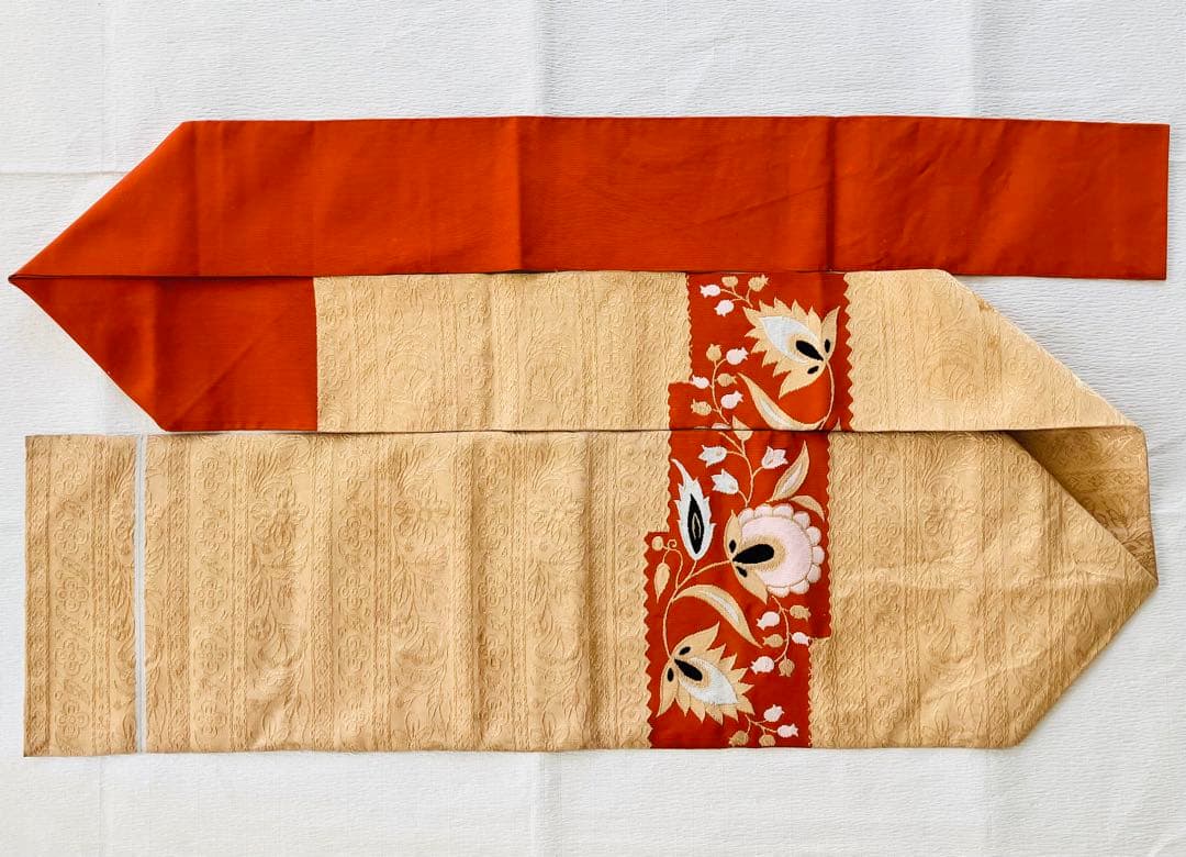 名古屋帯 アンティーク スズラン 花文様 金糸 オレンジ ゴールド 花柄 春着物
